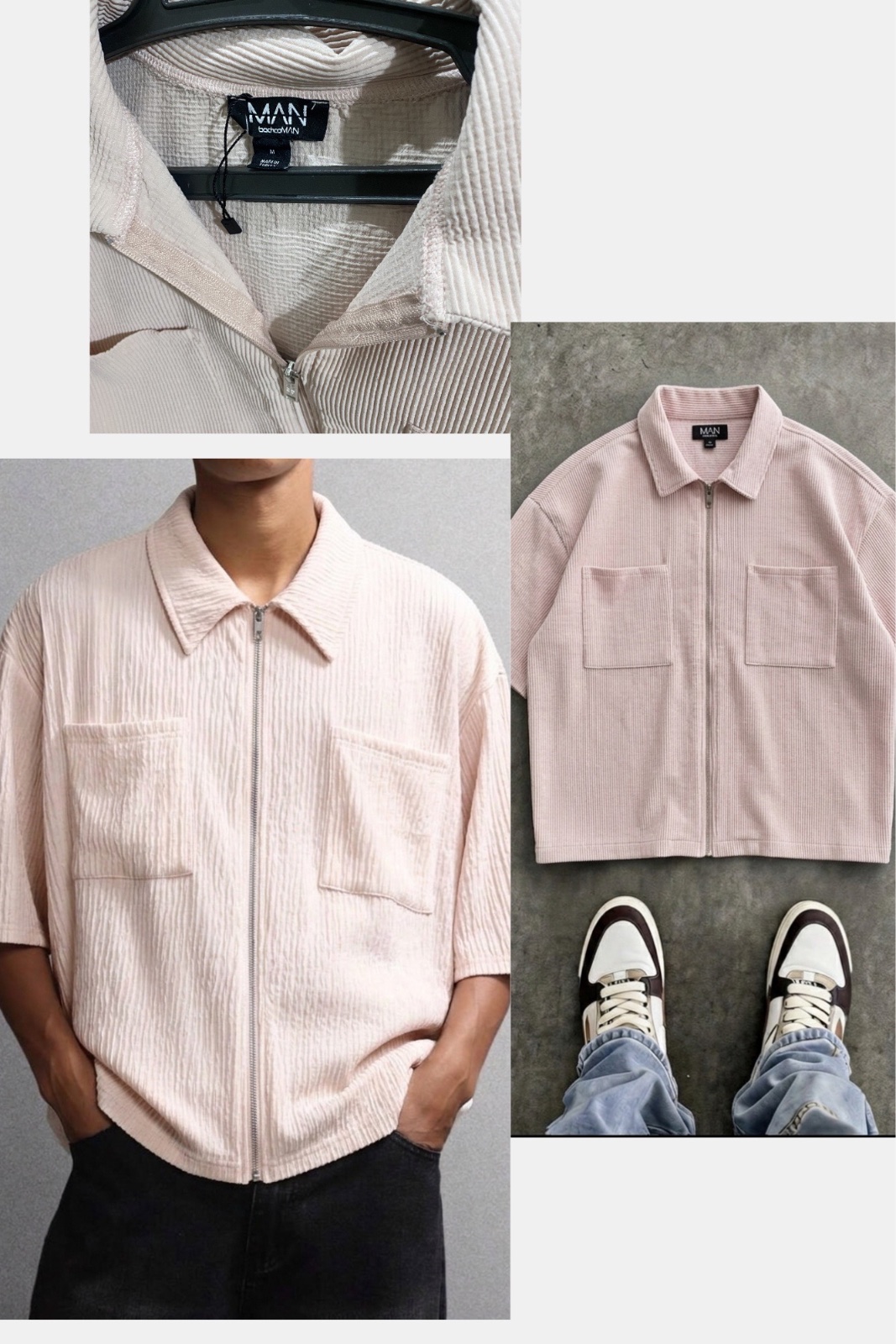 : Chemisette rose pâle en velours côtelé avec fermeture zippée et doubles poches poitrine