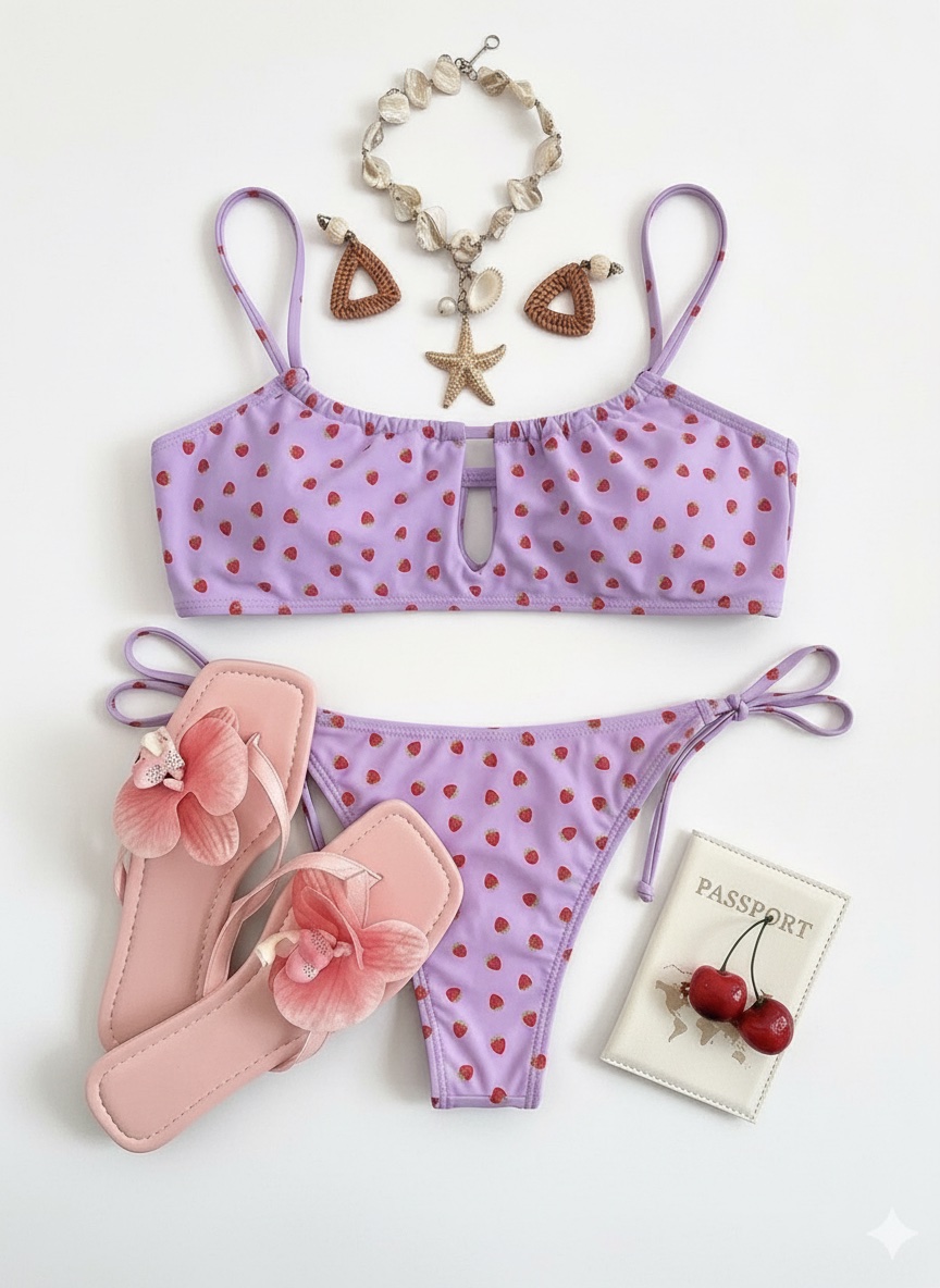 Bikini lilas à imprimé fraises, avec une fente centrale chic et un style flat-lay impeccable 🍓✨👙