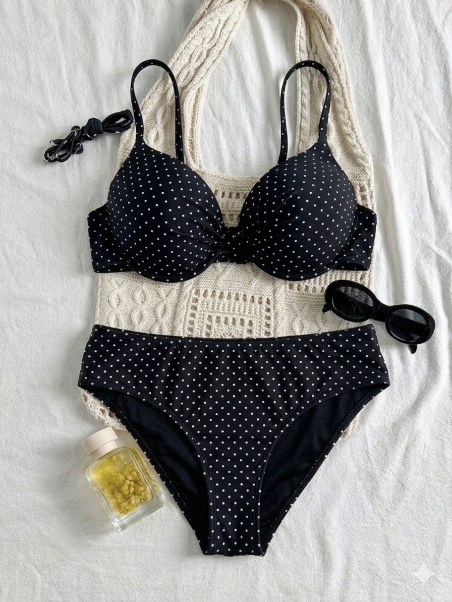 C&A Bikini chic à pois blancs : le charme rétro du style Polka Dot. ⚫⚪👙