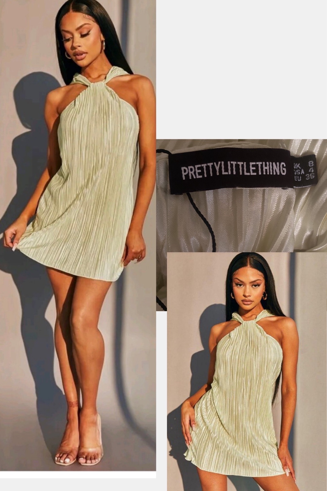 Une robe courte plissée de couleur vert sauge avec un col licou de la marque PrettyLittleThing🎀🎀