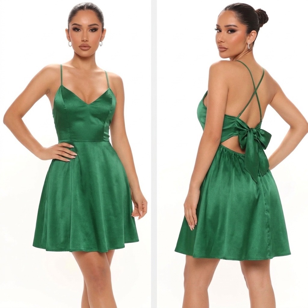 Robe patineuse en satin vert émeraude, sublimée par un décolleté en V et un magnifique dos nu croisé noué par un nœud élégant 💚✨