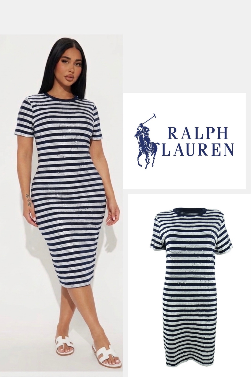 Elegante robe modi ralph lauren à rayures sequins 