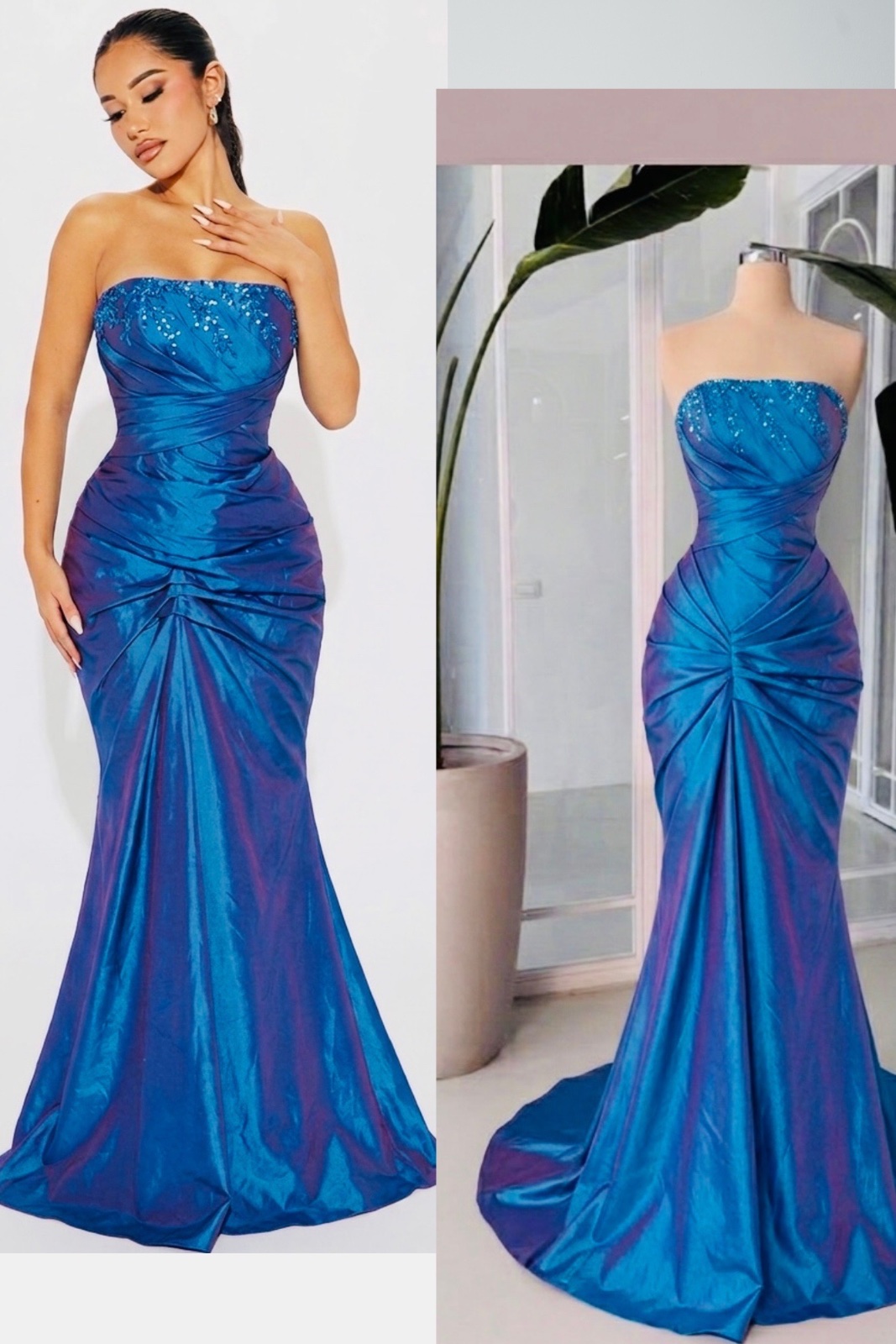 ✨ Sublimez votre silhouette avec cette somptueuse robe de soirée sirène en taffetas changeant bleu et violet, sertie de strass éclatants ! 👗💎
