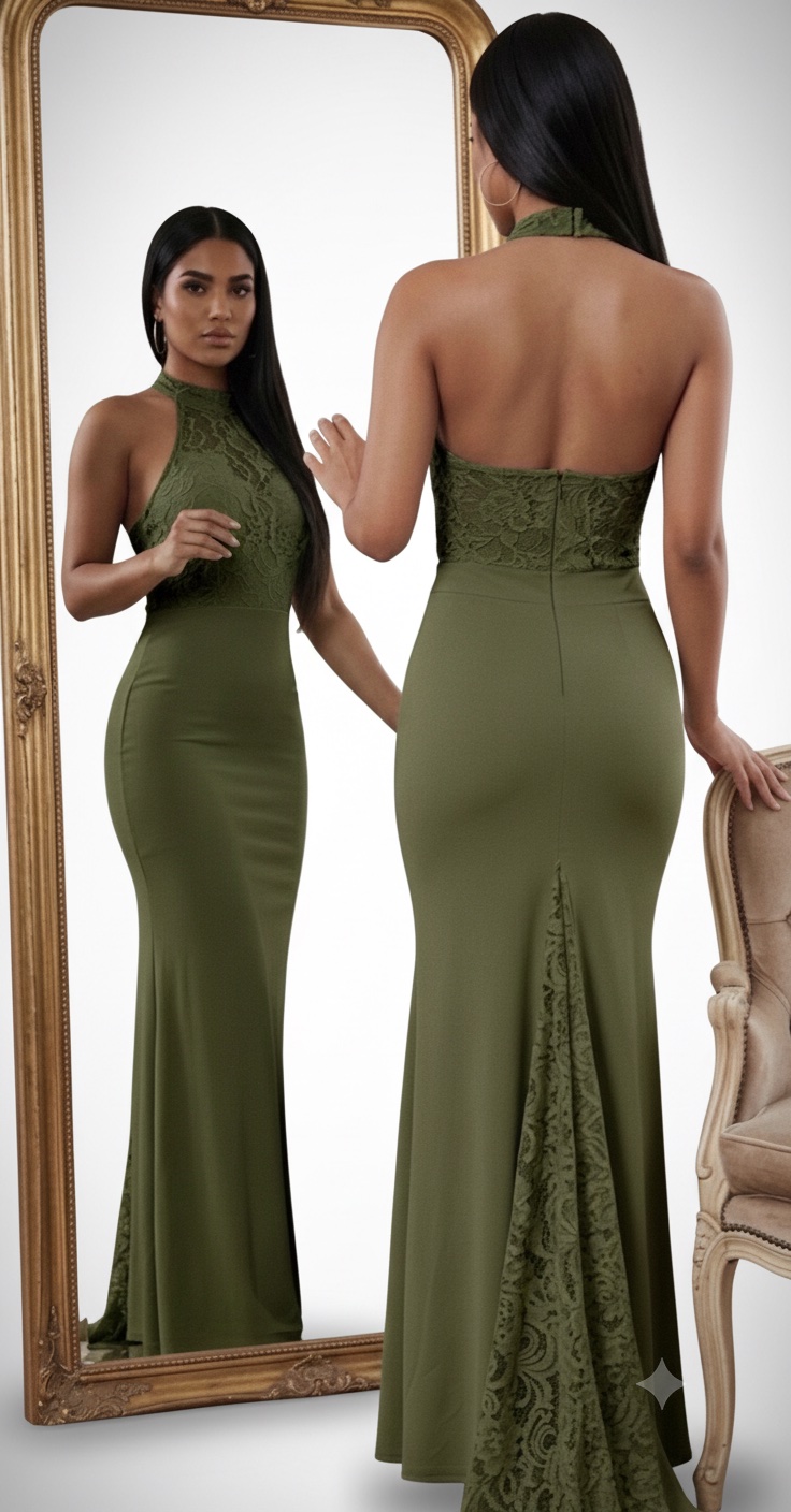 Robe de soirée Missguided longue de couleur vert olive, dotée d'un col haut et d'un élégant corsage en dentelle fleurie. 👗✨