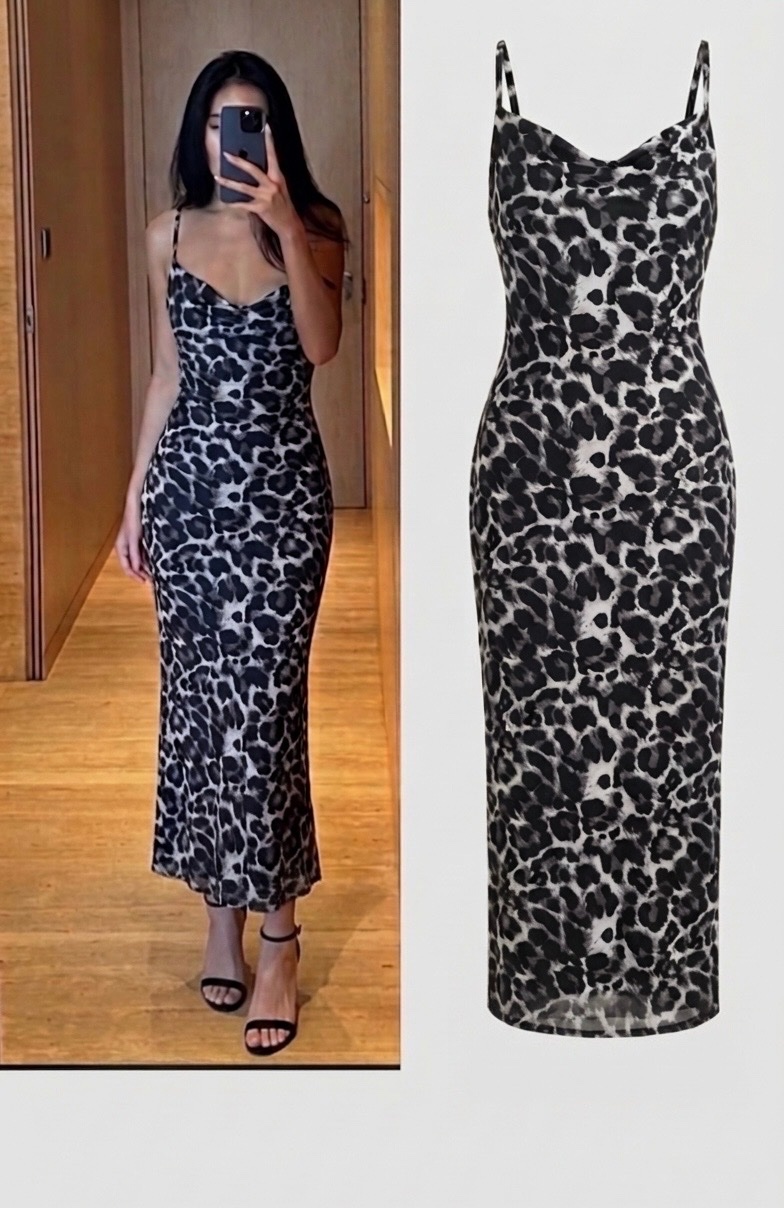 Robe mi-longue ultra-glamour à imprimé léopard, dotée de fines bretelles croisées au dos et d'une coupe ajustée irrésistible. ✨🐆