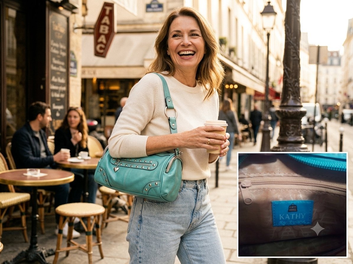 Sac turquoise de Kathy Kathy Ireland se distingue par ses élégants rivets argentés et sa fermeture métallique distinctive.    