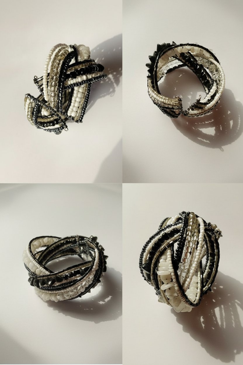 Très jolie bracelet manchette composé de multiples rangées de perles de rocaille en verre noir, blanc et transparent. 