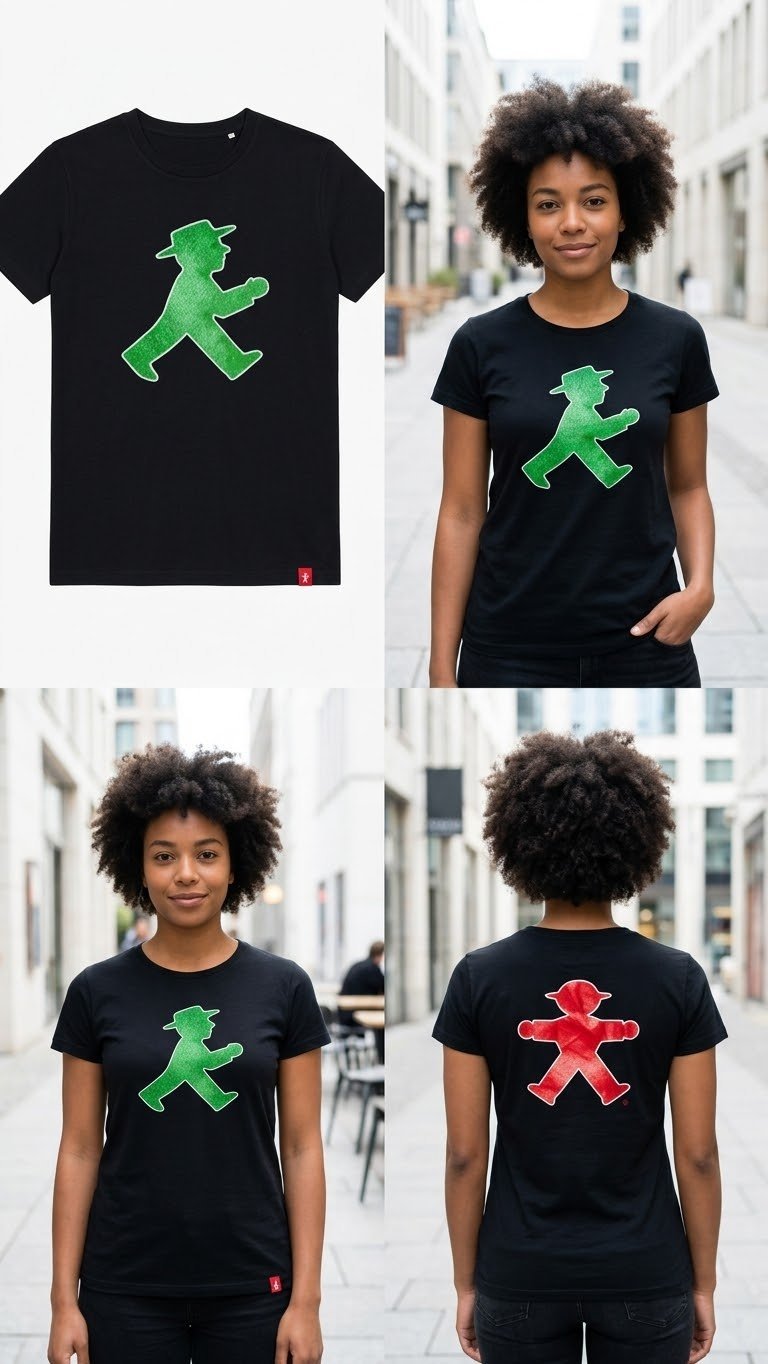 T-shirt noir présente le célèbre bonhomme vert des feux tricolores berlinois (Ampelmännchen) sur la poitrine et le bonhomme rouge à l'arrière