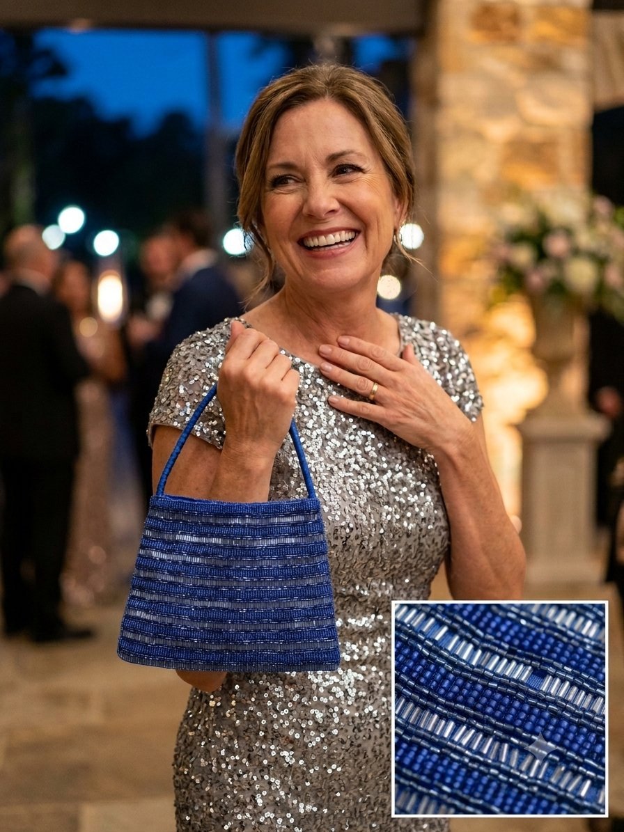 Petit sac à main de soirée en perles bleues agrémenté de rayures horizontales