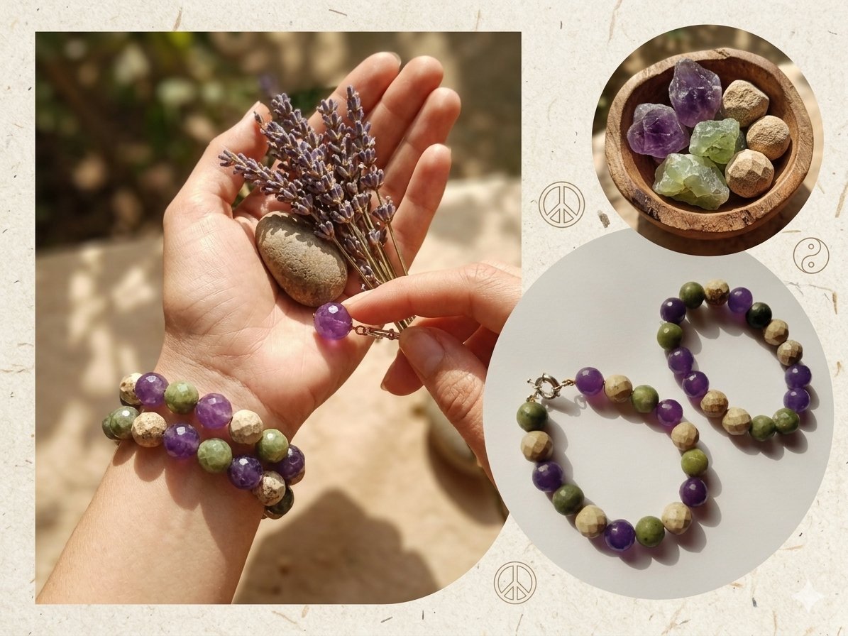 2 bracelets en pierres d'améthyste, péridot et jade