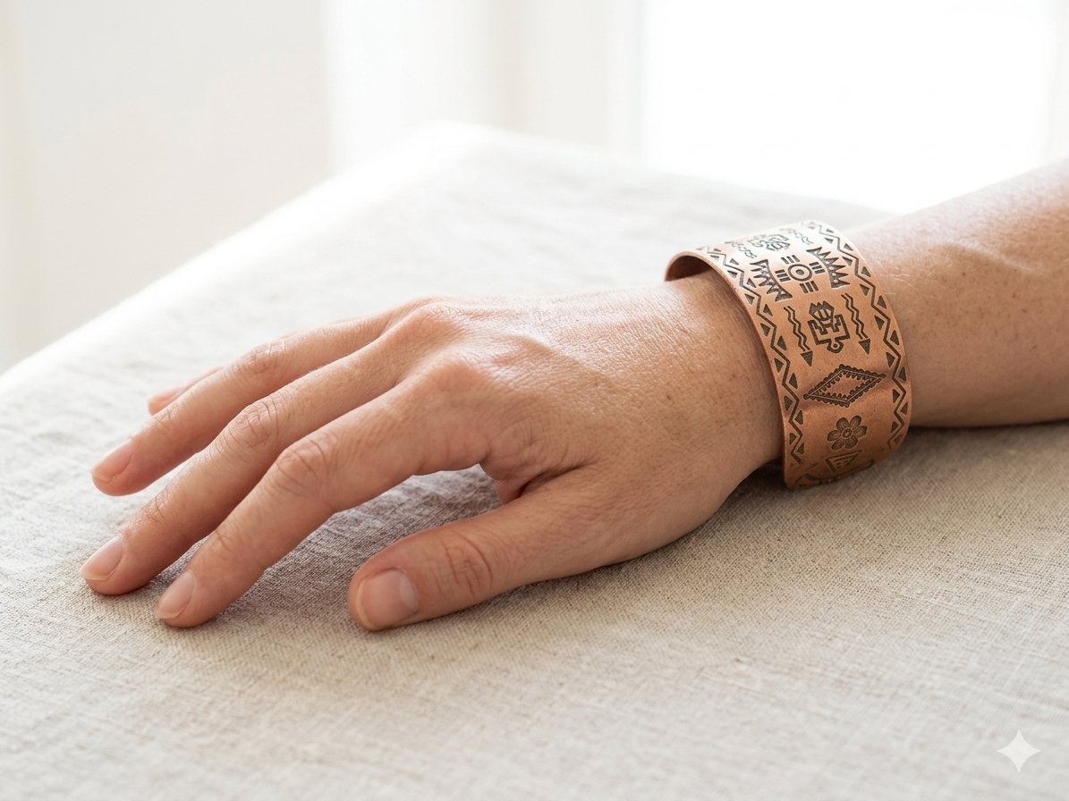 Beau bracelet manchette en cuivre style Navajo