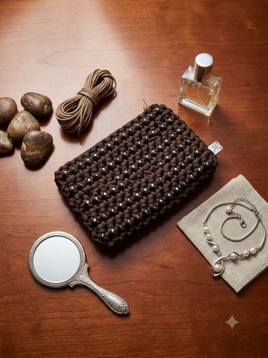 Élégante pochette marron au motif texturé, délicatement ornée de petites perles claires.    