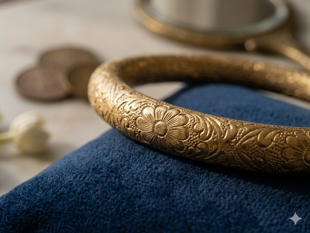 Bracelet jonc traditionnel en cuivre doré, orné de motifs gravés