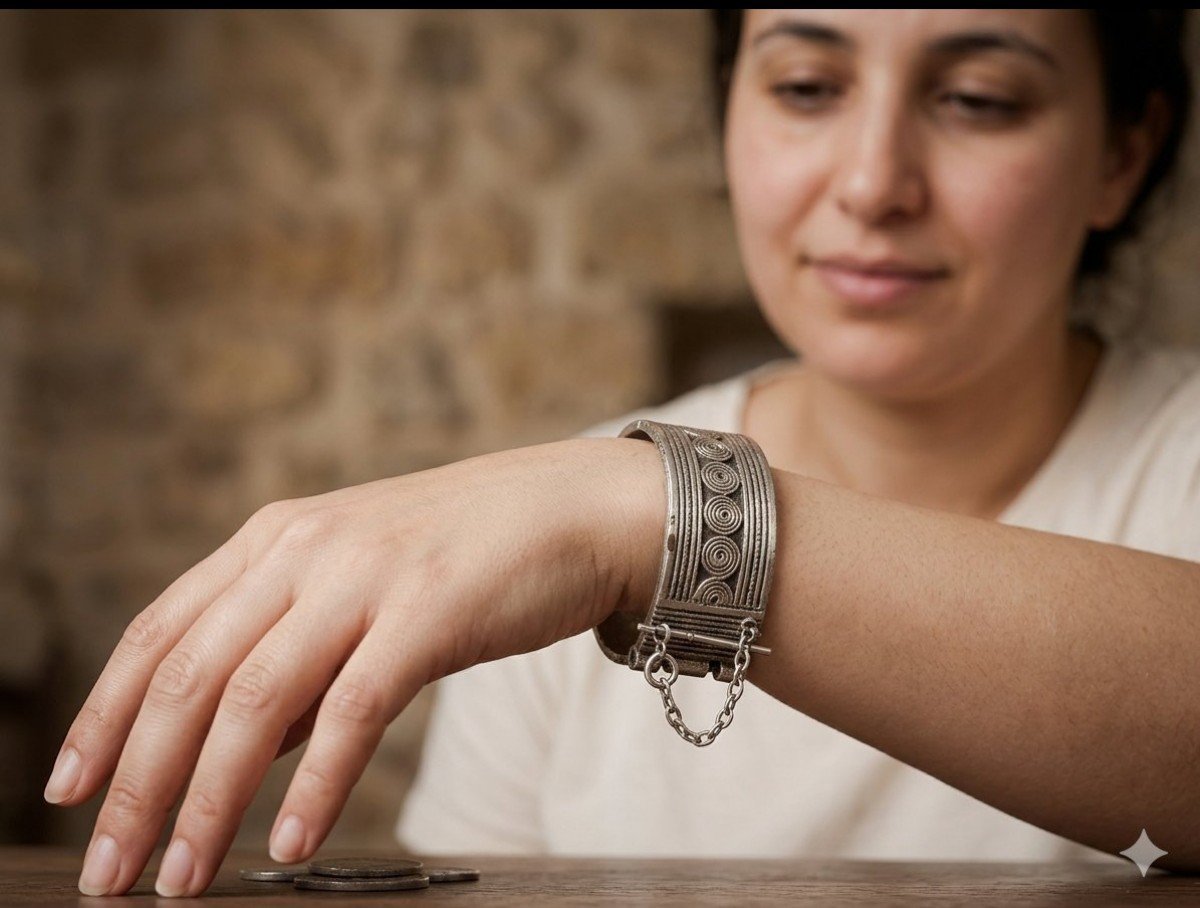 Bracelet manchette berbère traditionnel, souvent identifié sous le nom de "Hdida" ou "Megyes" 