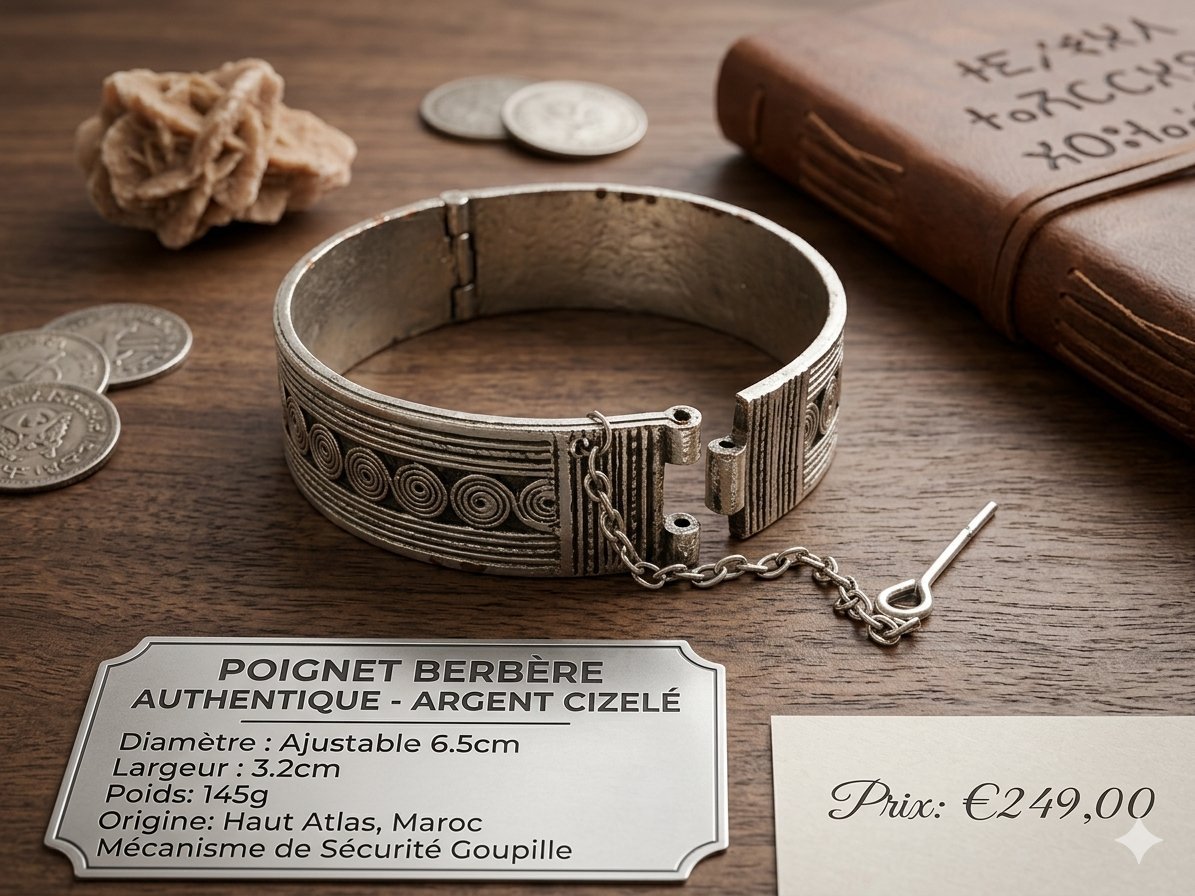Bracelet manchette berbère traditionnel, souvent identifié sous le nom de "Hdida" ou "Megyes" 