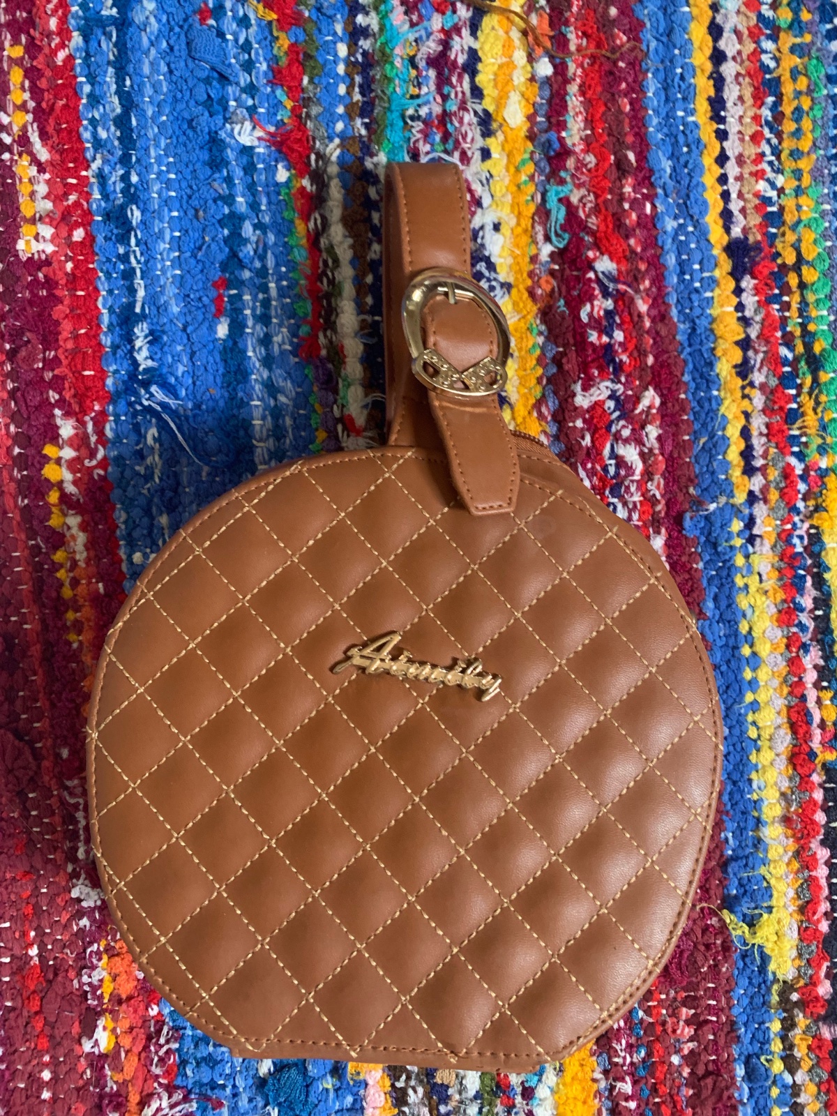 Un petit sac rond marron au motif matelassé doté d'une élégante anse avec une boucle dorée.