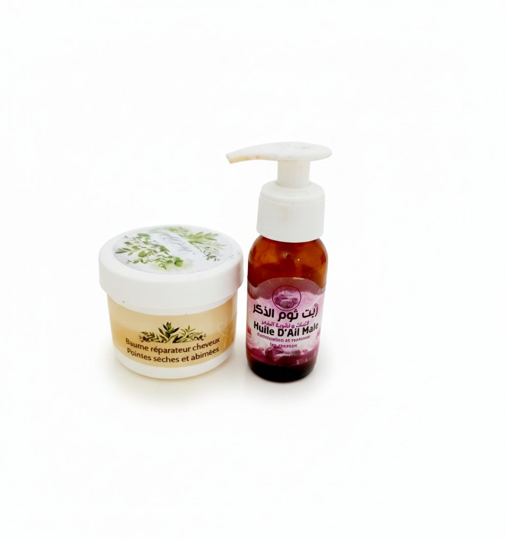 Lot : huile d'ail male + baume réparateur cheveux 