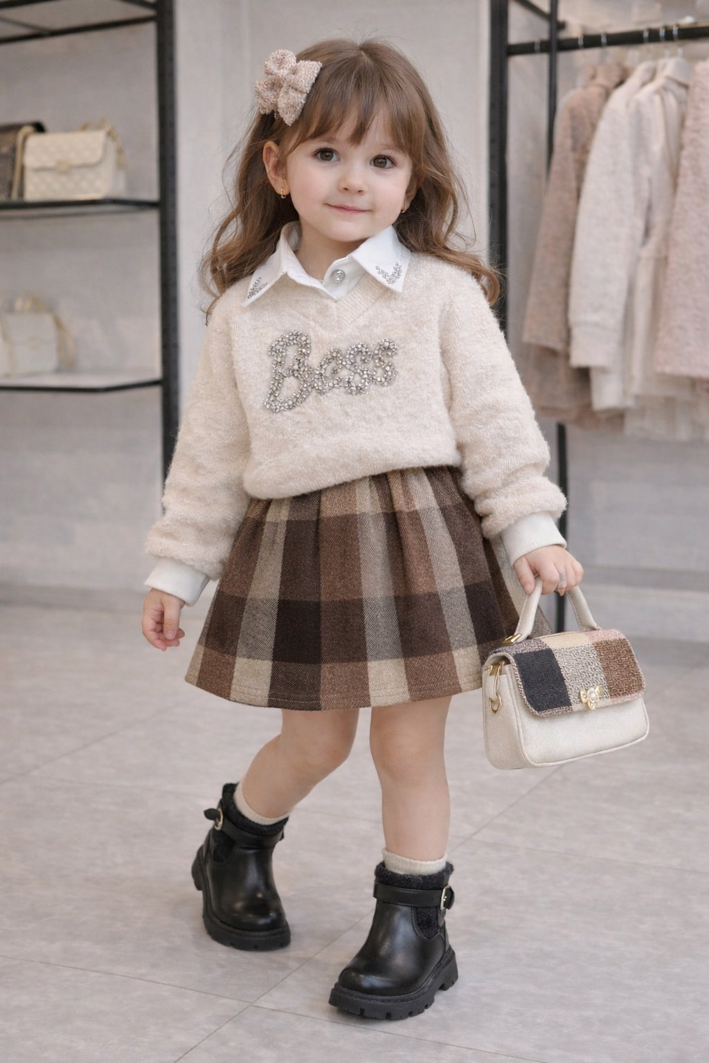 Ensemble fille 3 pièce pull avec coll chemise+jupe+sac
