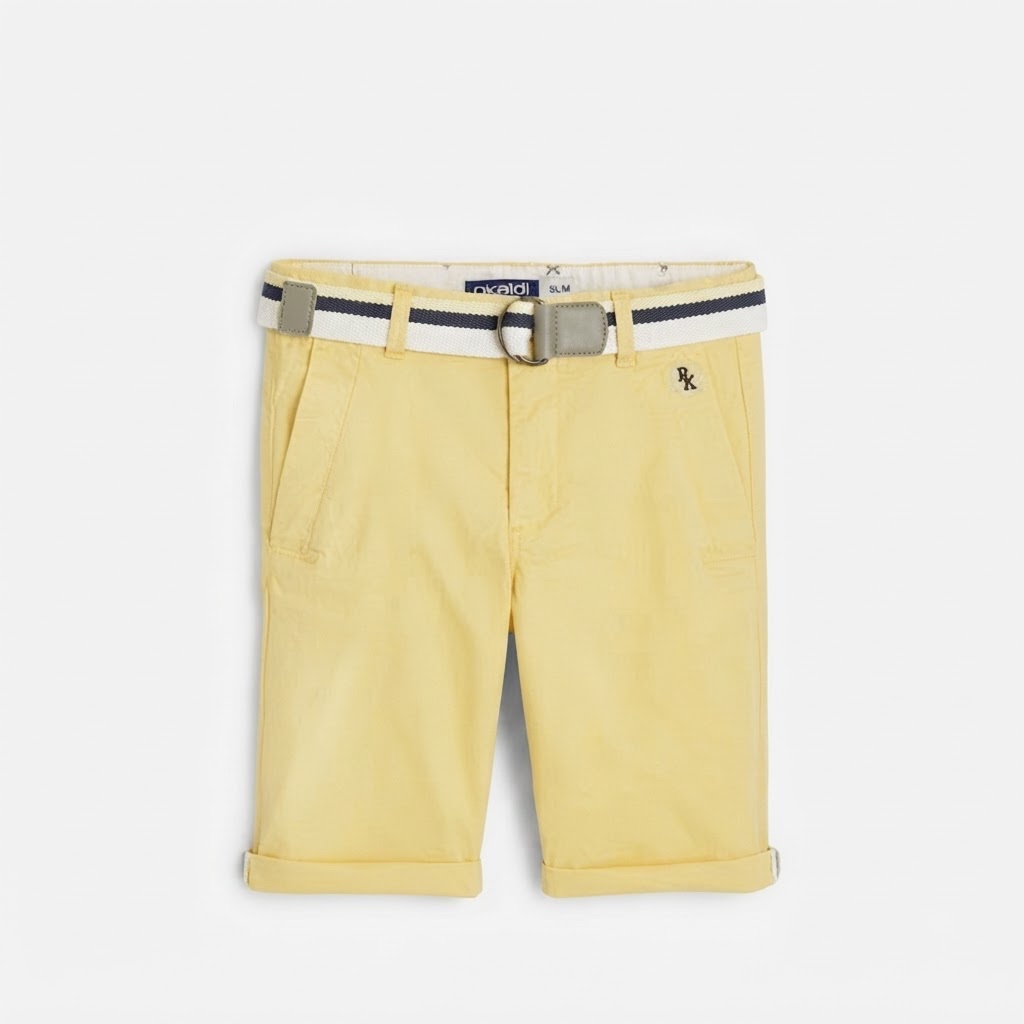 Bermuda ceinturé en toile effet piqué jaune pour garçon de la marque OKAIDI