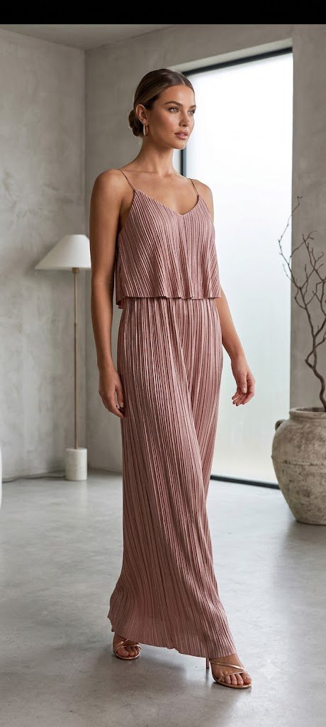 Une robe longue plissée fluide à fines bretelles