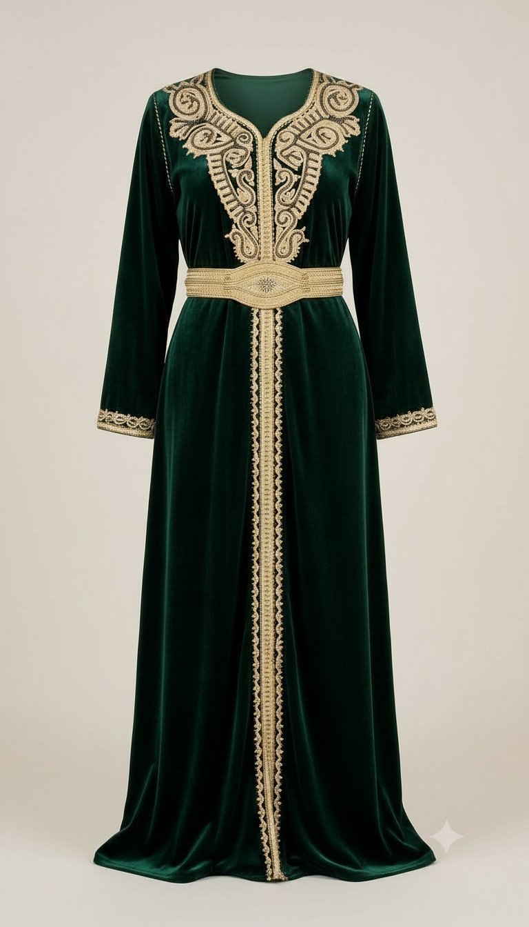 Caftan Marocain en velours vert émeraude et broderies dorées