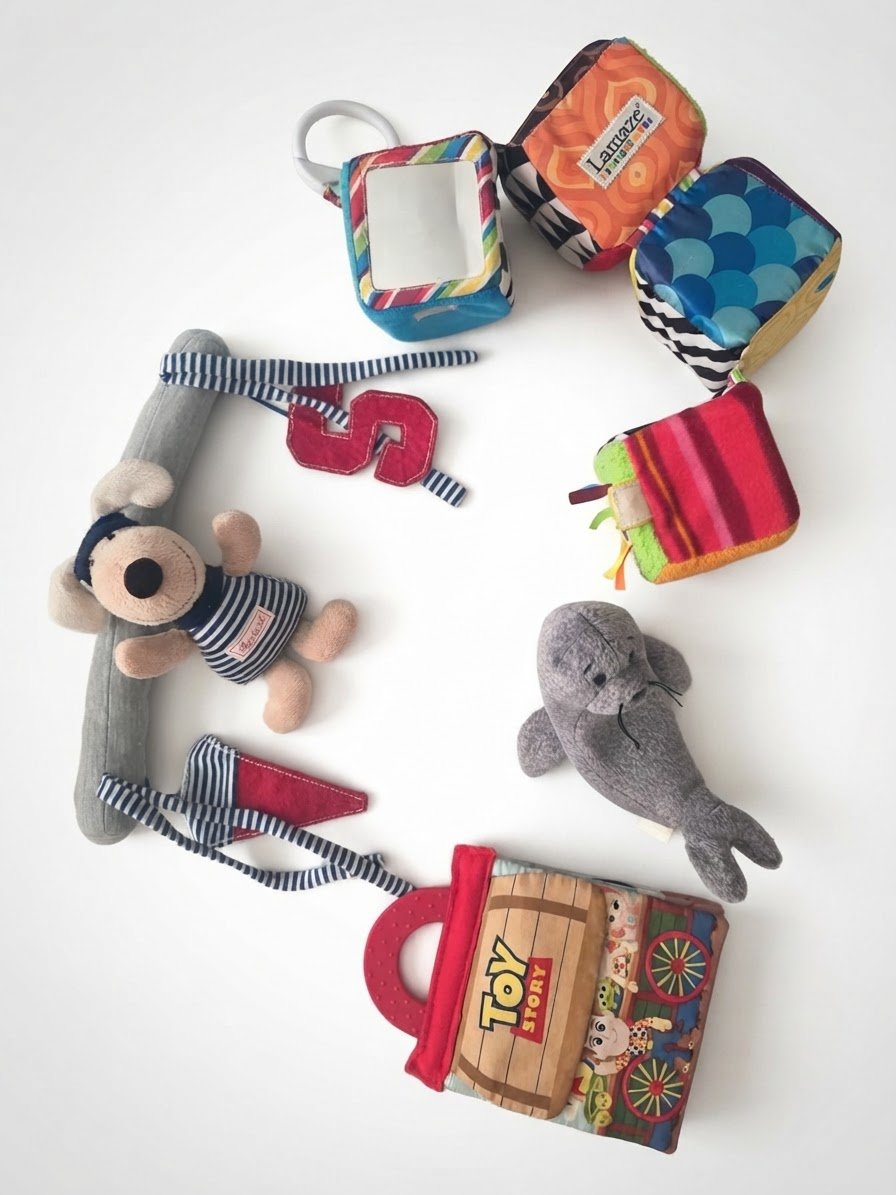 4 jouets sensoriels colorés avec différentes textures au toucher (attache parc ou poussette)
