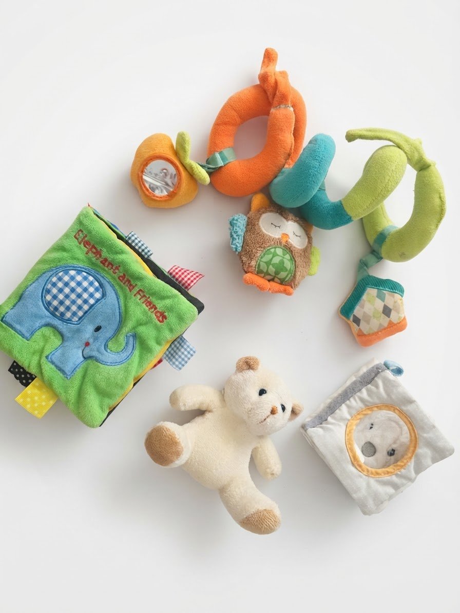 4 jouets d'éveil pour bébé (spirae, livres, doudou)