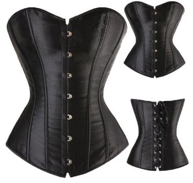 Black Satin Gothic Corset Top – Front Busk & Lace-Up Back