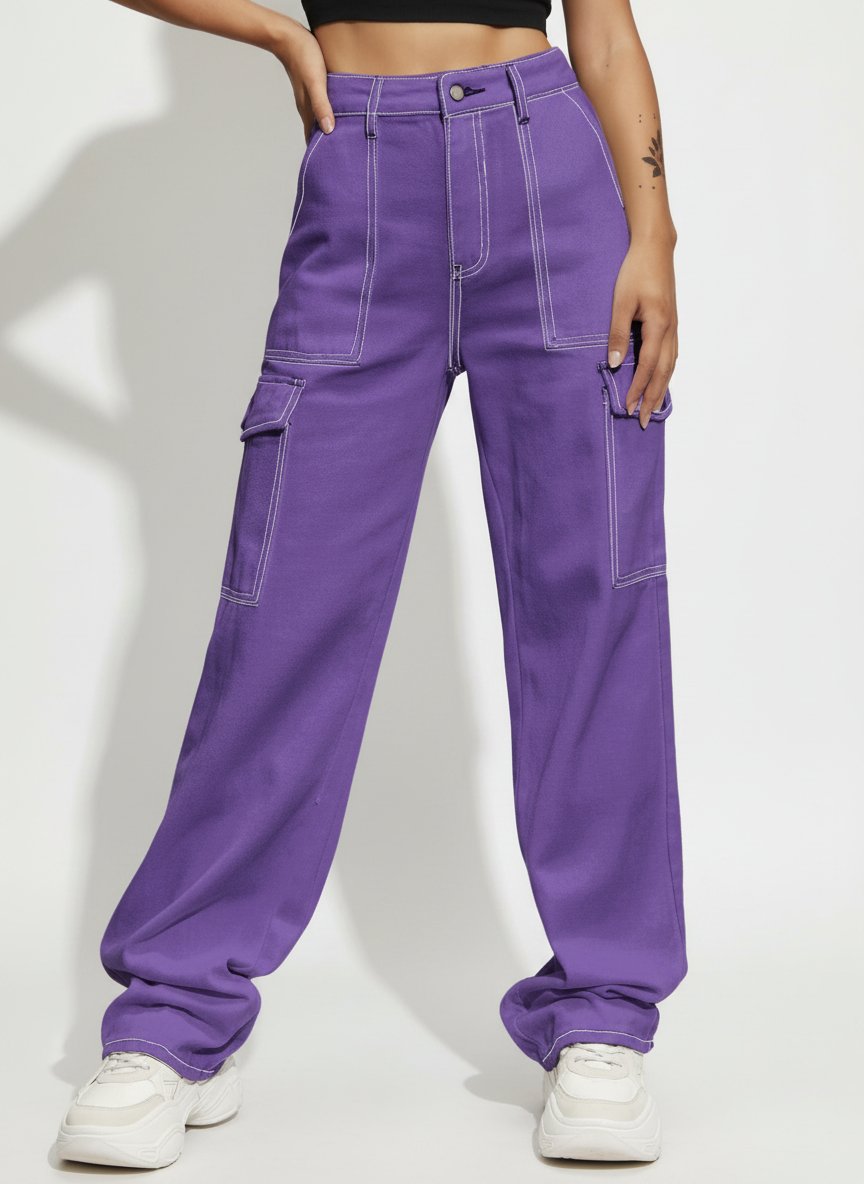 Baggy purple jeans with white stitching 
