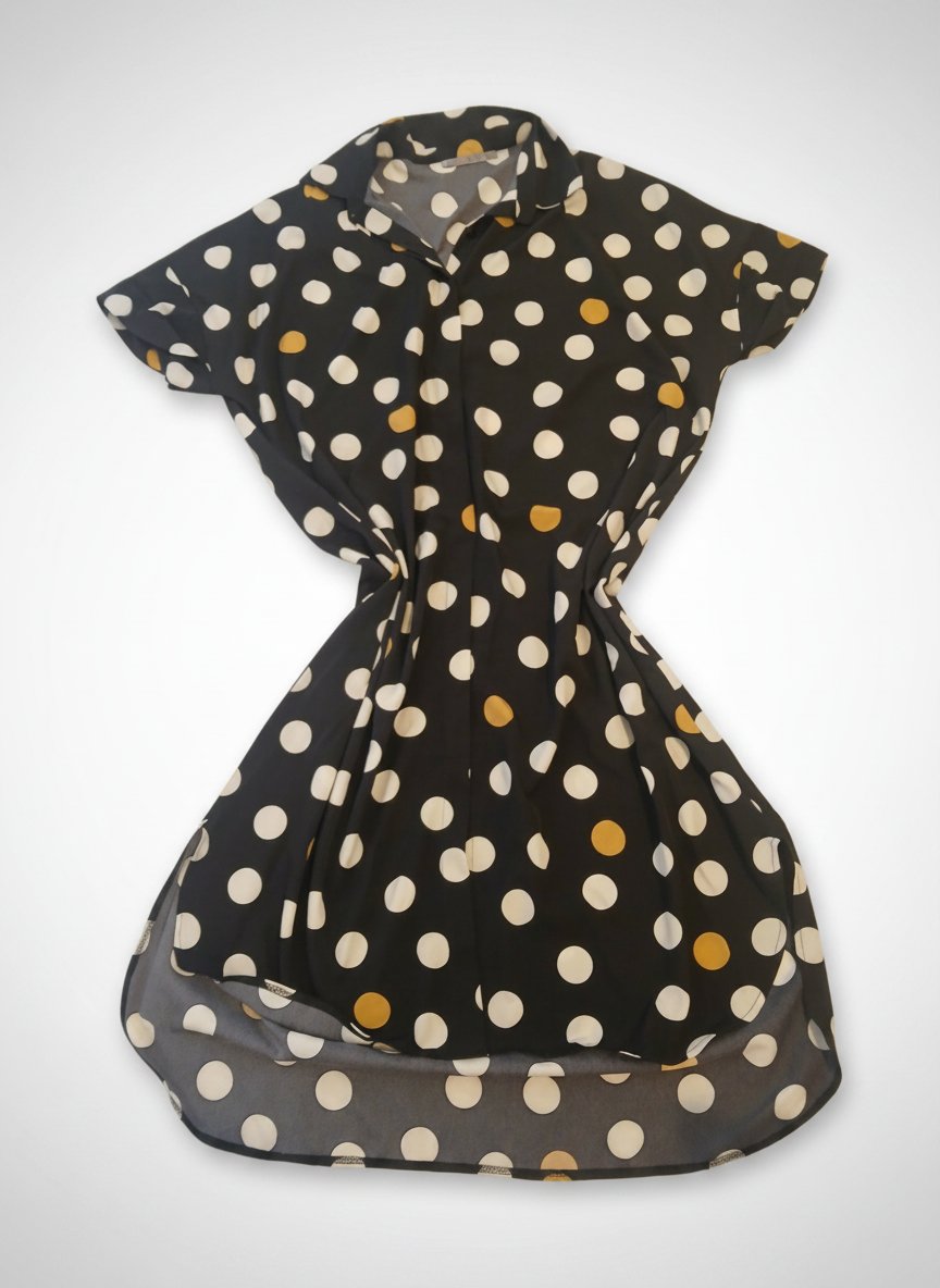 Robe chemise noire à pois blancs et moutarde Élégante et fluide