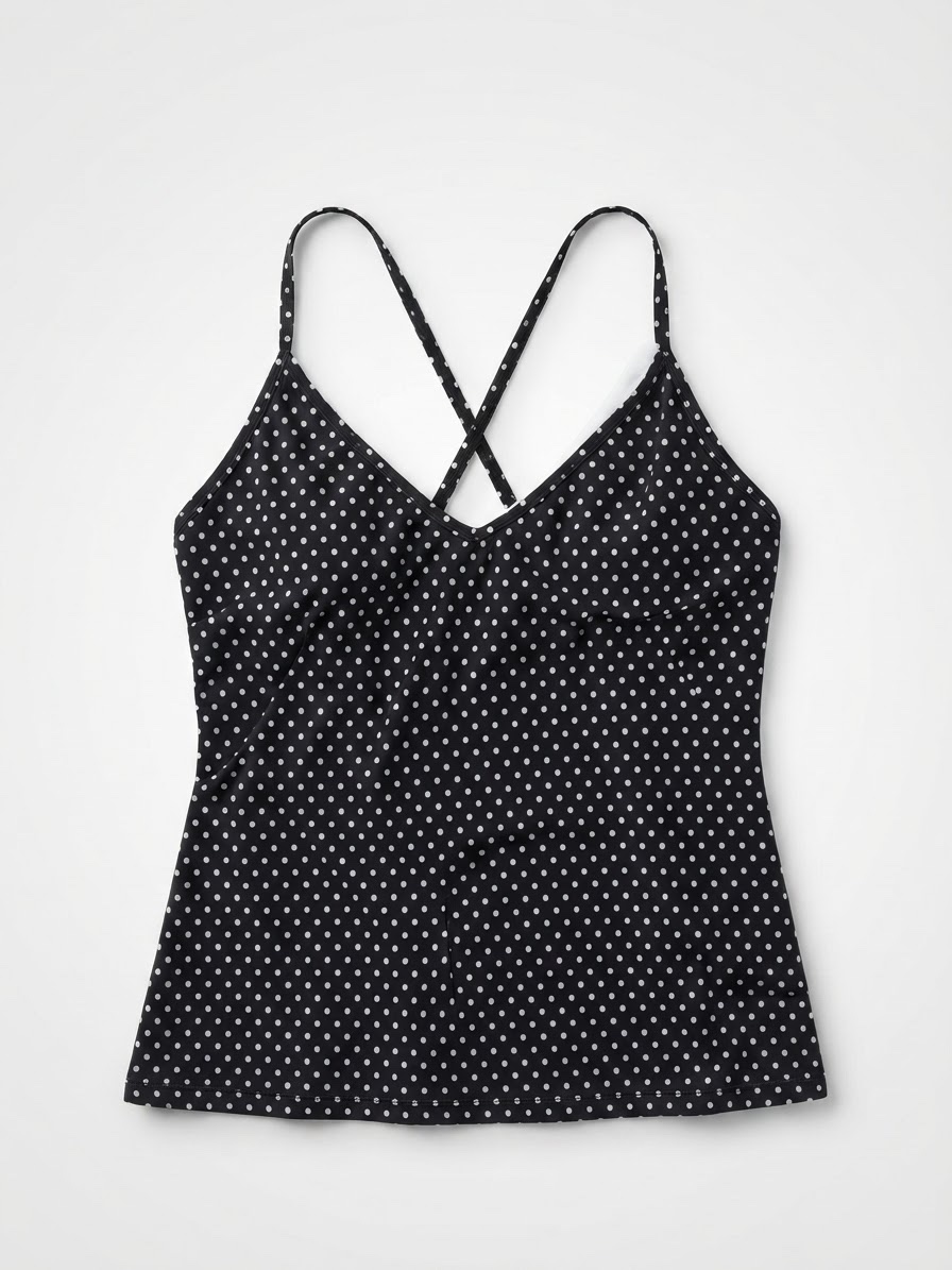 A black-and-white polka-dot swimwear top