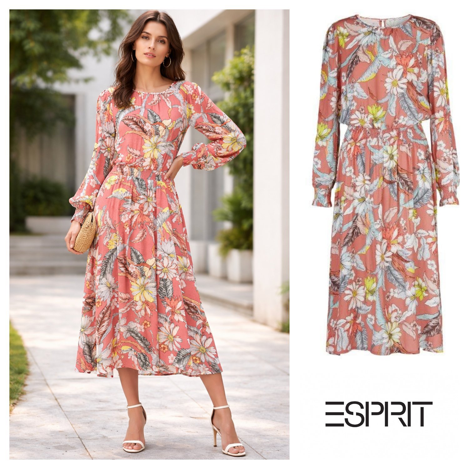 Robe fleurie à taille smockée Esprit