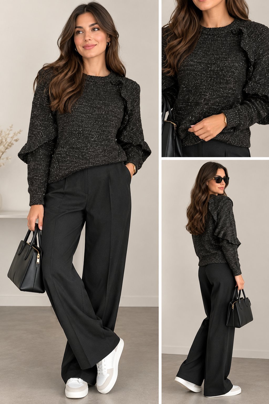 Pull pailleté à manches à volants 
