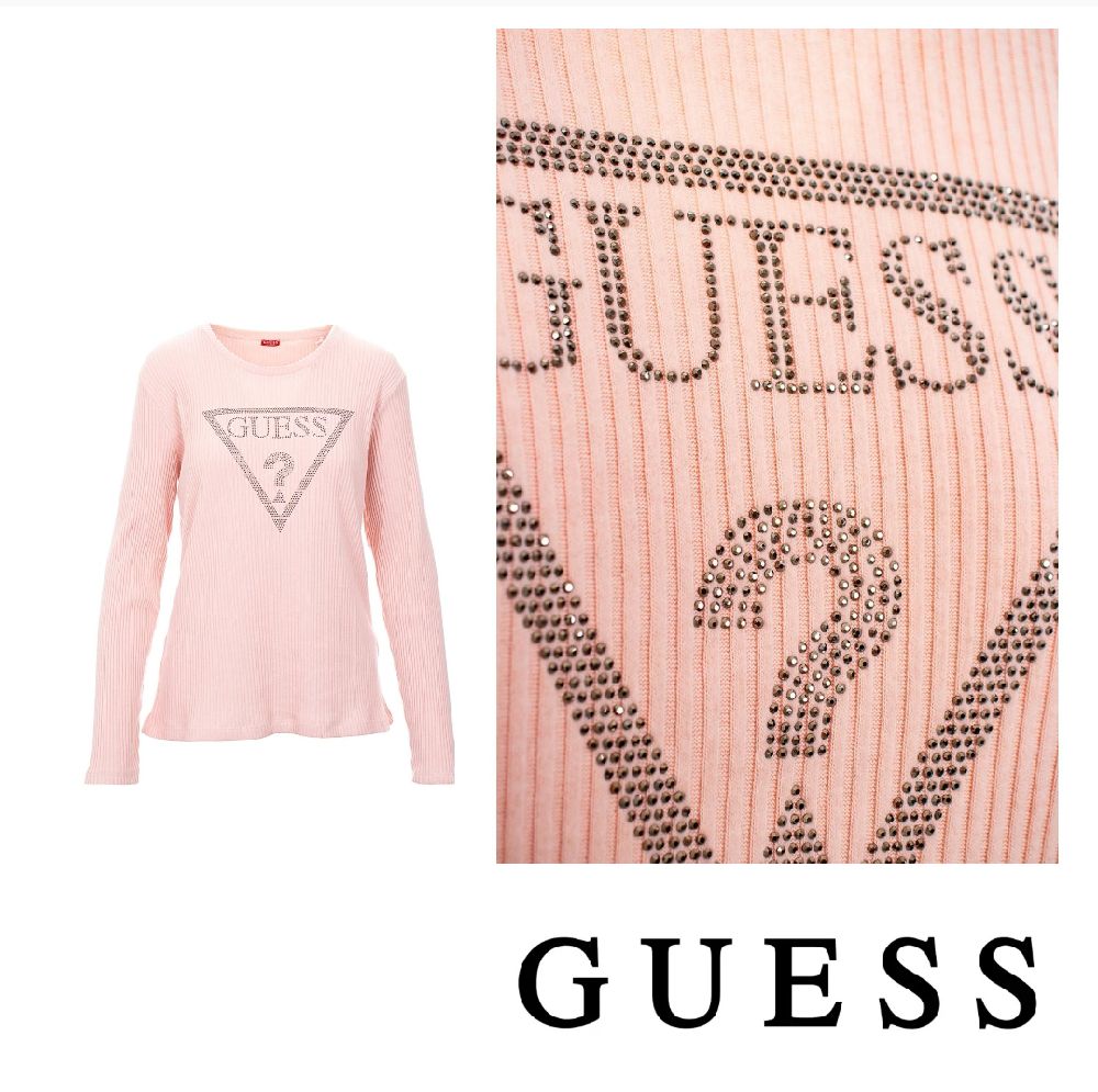 Pull Guess laine fine côtelée à grand logo en strass