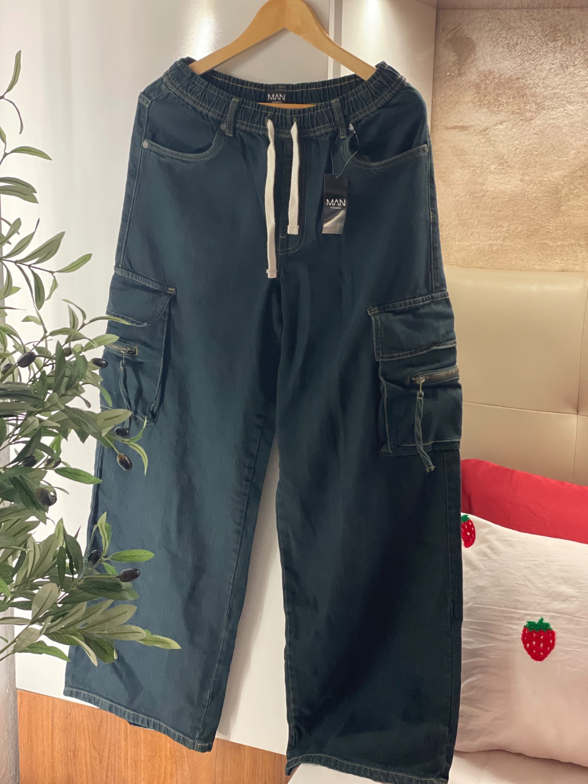 Jean Cargo Homme BoohooMAN – Baggy – Vert Foncé – Neuf avec étiquette
