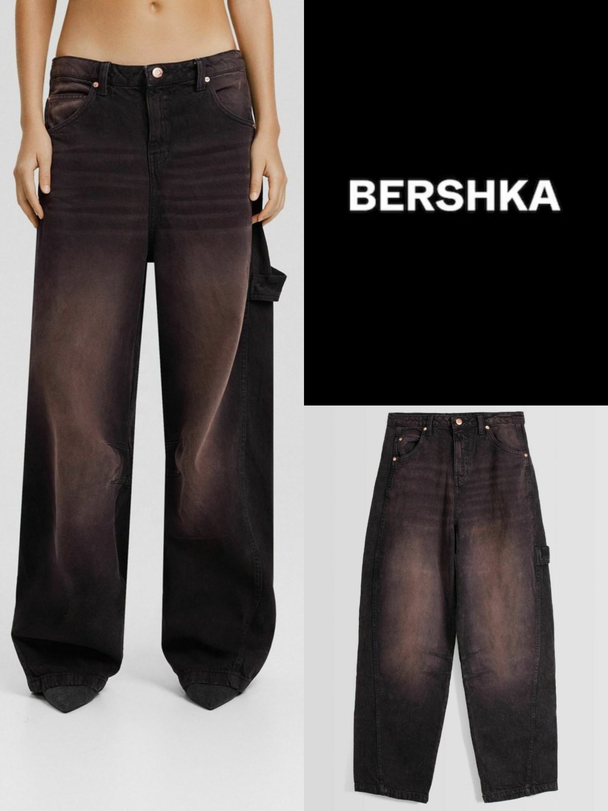 Jean large délavage contrastè marron/noir taille 40