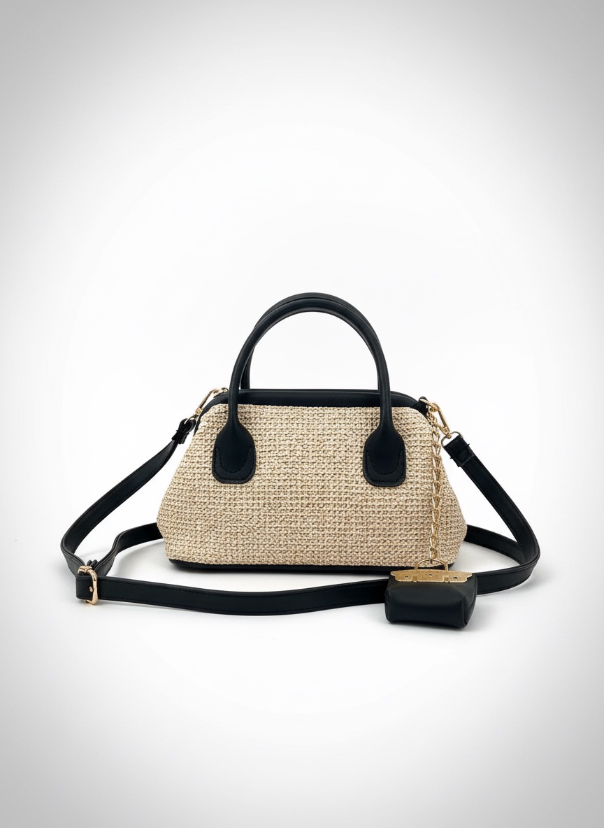 Sac cabas bicolore raphia beige & cuir noir – double anse