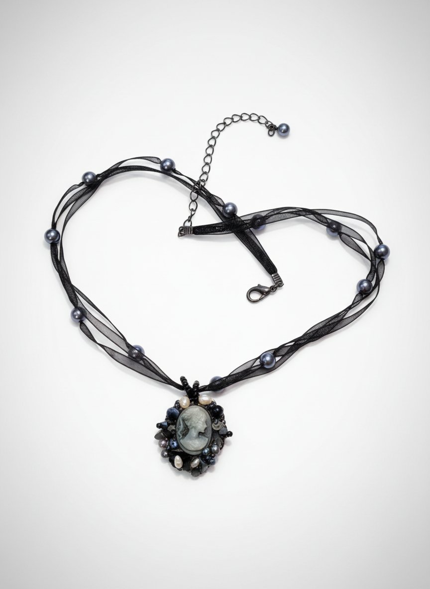 Un collier de style victorien orné de perles grises et blanches sur un ruban noir.