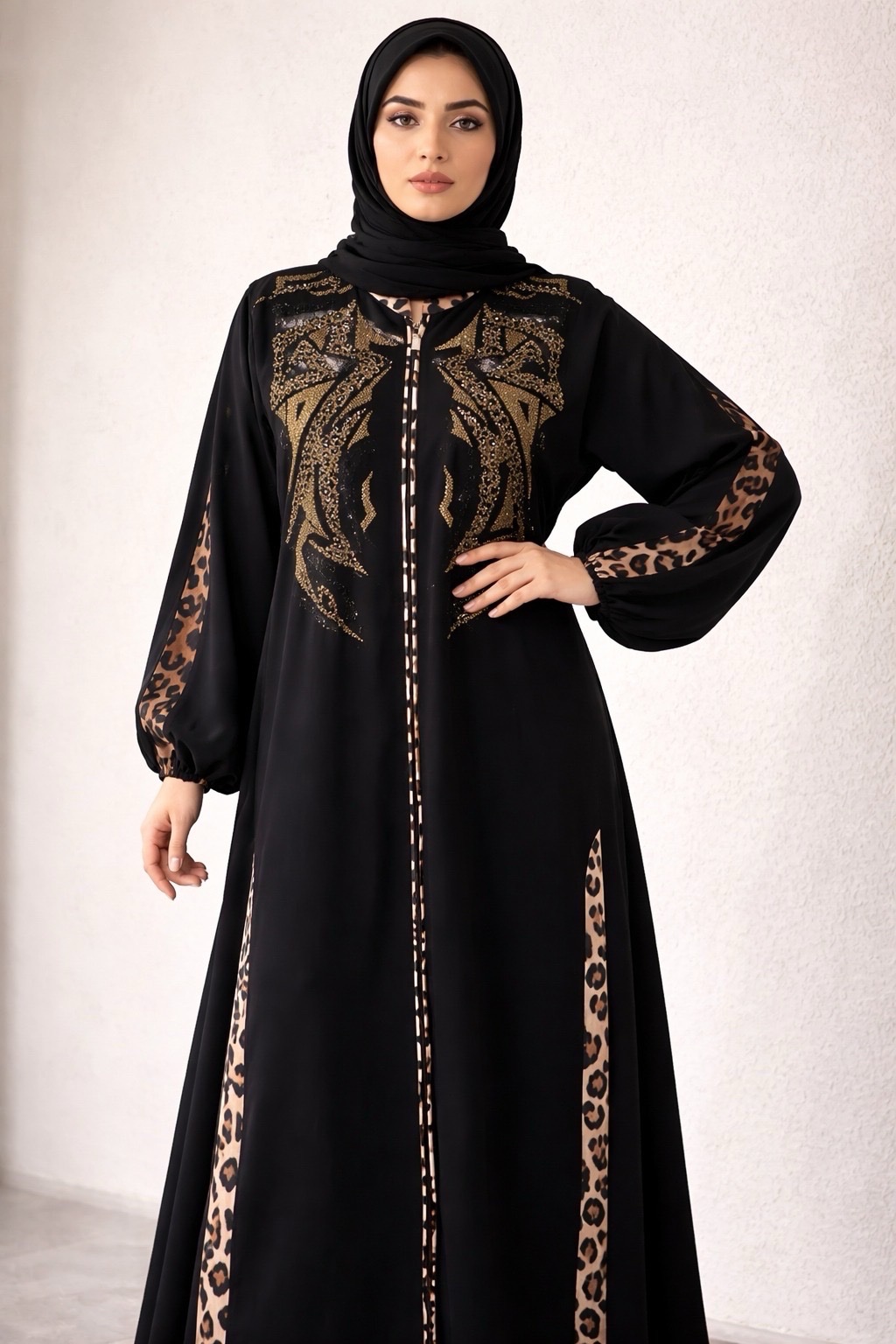 Abaya noire à motifs or et léopard 🇹🇷