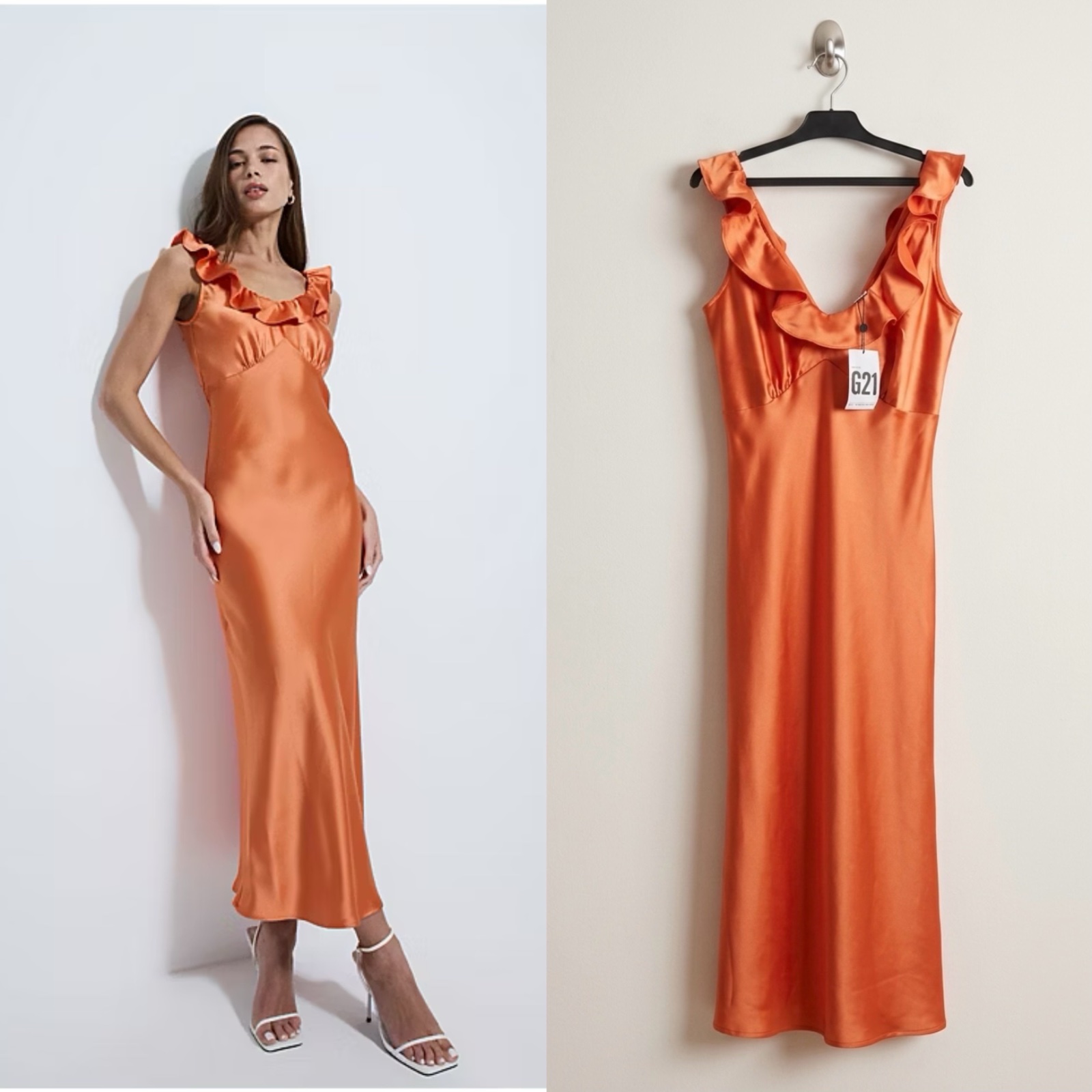 Robe satinée orangé longue  