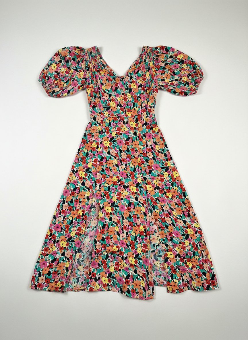 Une tres nelle robe d'été,tres tendance manches bouffantes et fentes 