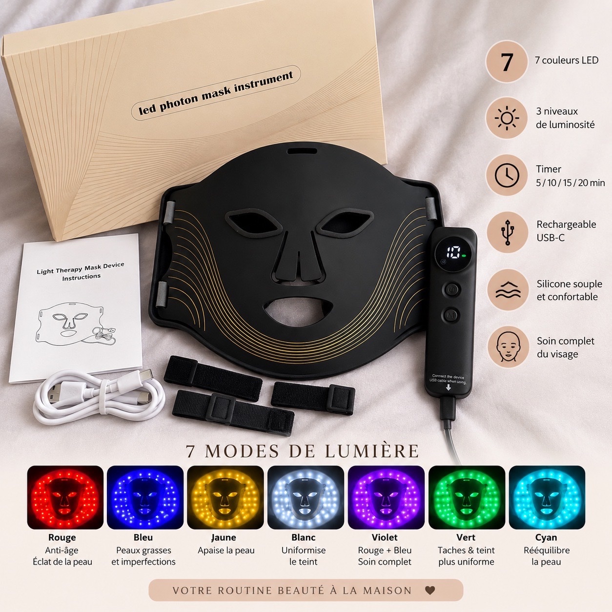 Masque LED Photon Therapy  7 Couleurs  Soin Visage à Domicile ✨prix négociable dabchouchetii🤍