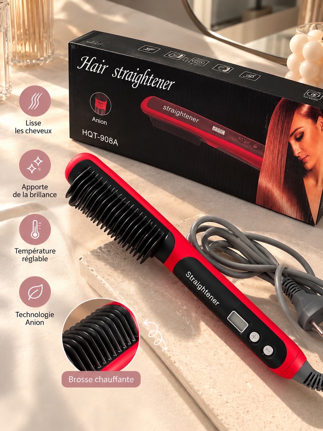 Hair Straightener HOT-908A Brosse lissante chauffante  
