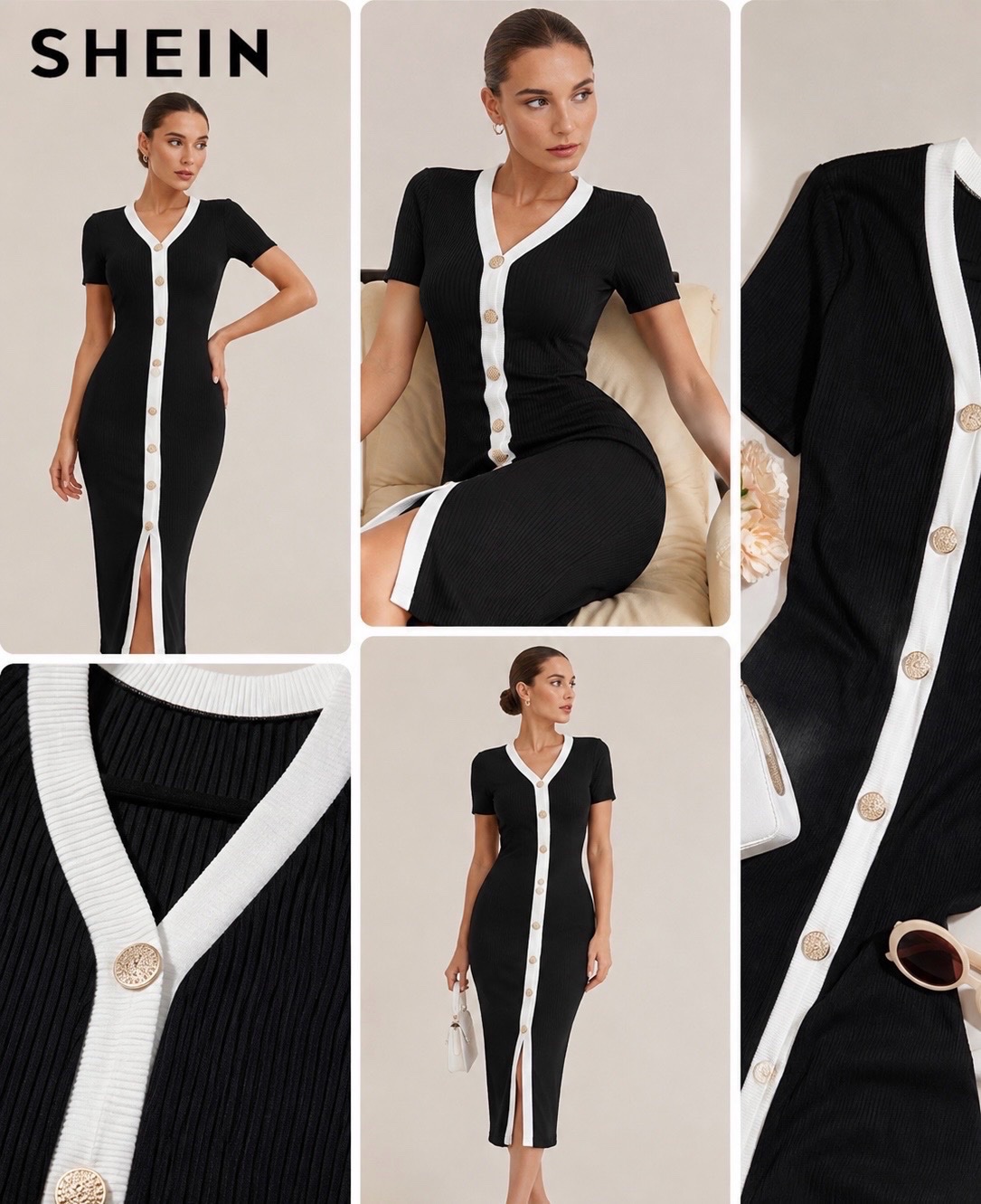     Robe ajustée à boutons décoratifs et fente avant.
