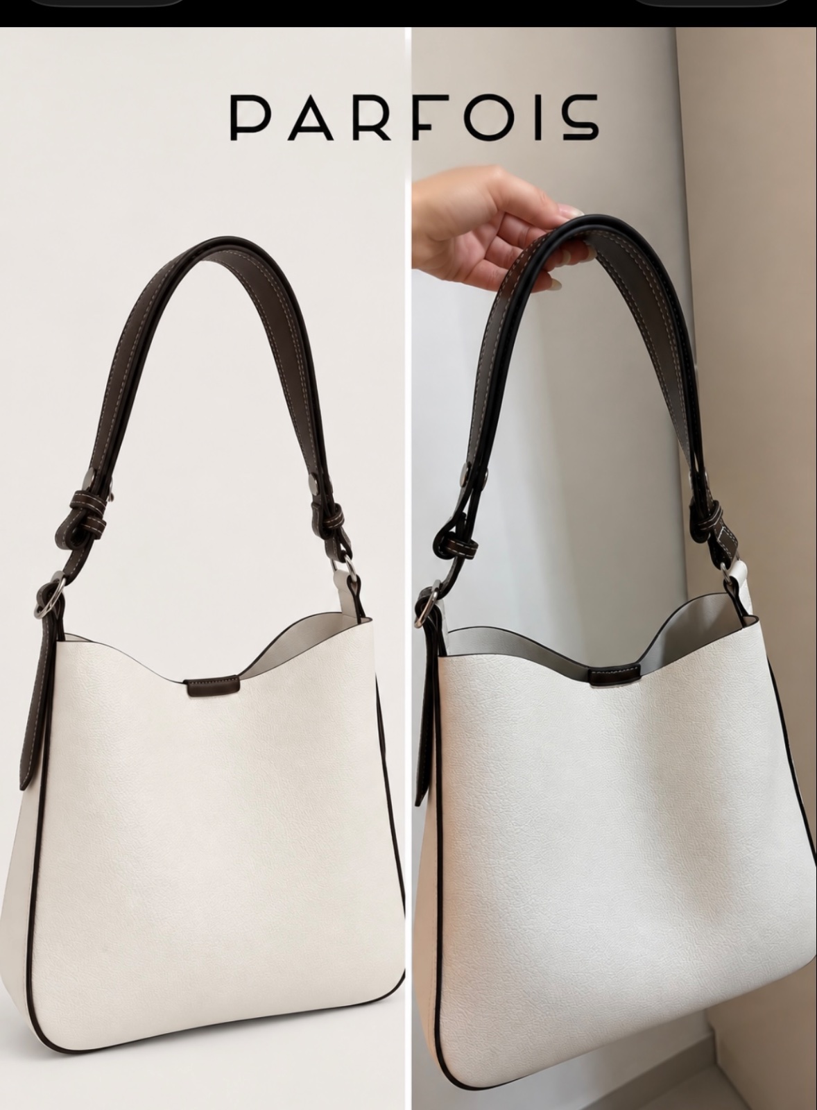 Sac à main PARFOIS blanc cassé et marron, porté épaule 🤍🤎