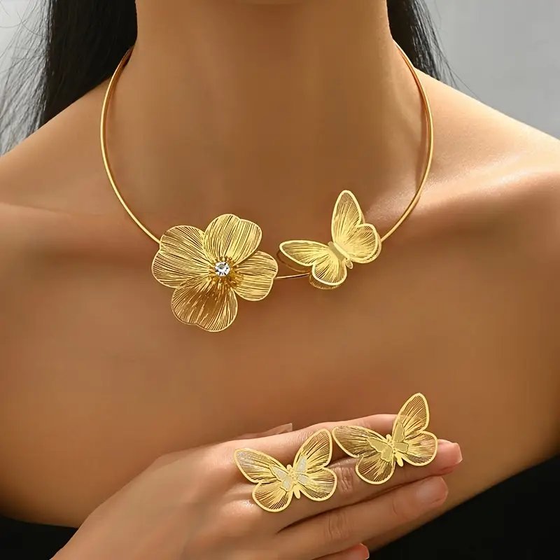 3pcs/Set Luxurious Style Geometric Hollow Flower Butterfly Earring Necklace Set Women'S