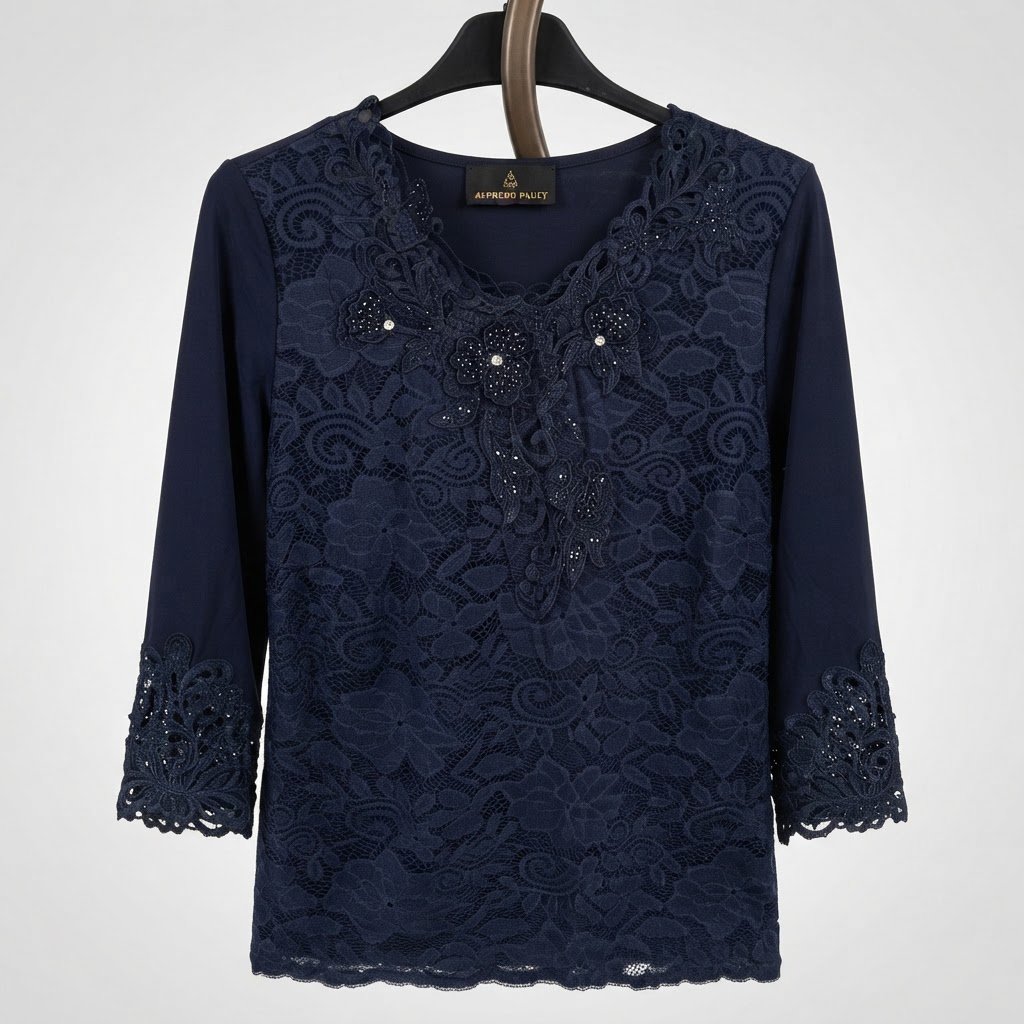 Magnifique Blouse / Haut Chic en Dentelle Bleu Marine – Taille 42 (L)