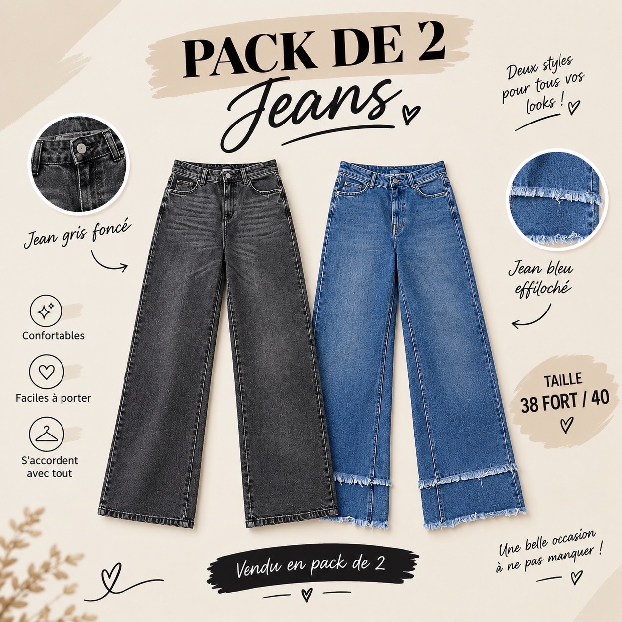 PACK DE 2 JEANS – 38 FORT / 40
