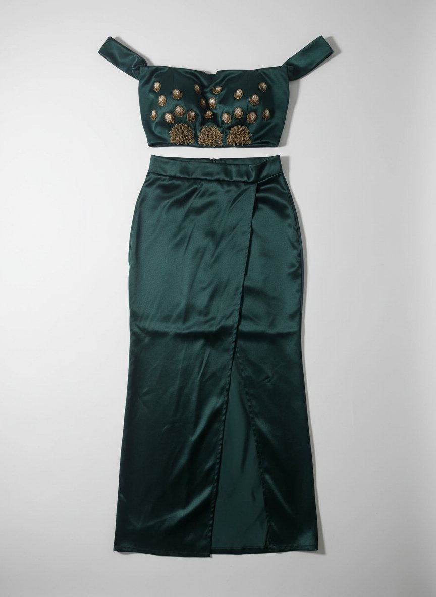 Ensemble 2 pièces vert sapin satiné - Top & Jupe longue