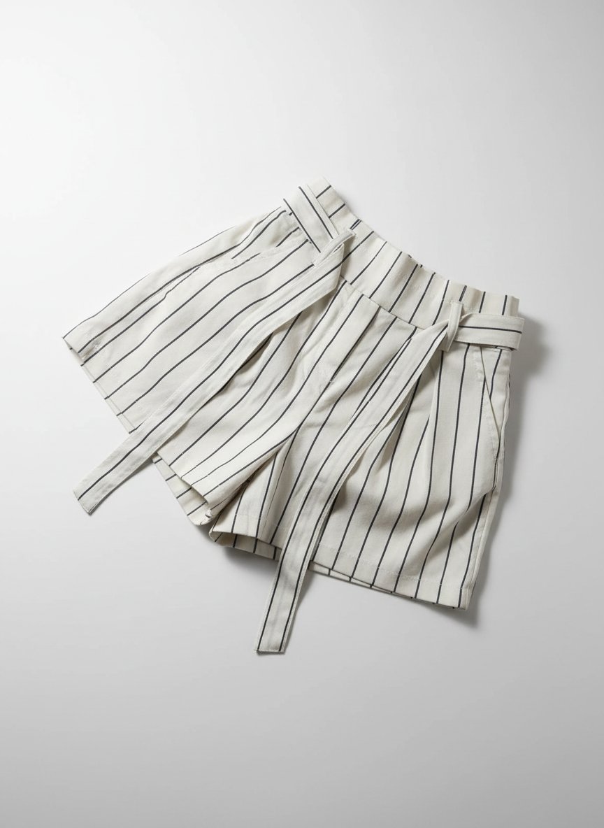 Short Fluide à Rayures avec Ceinture – Blanc & Marine / Noir
